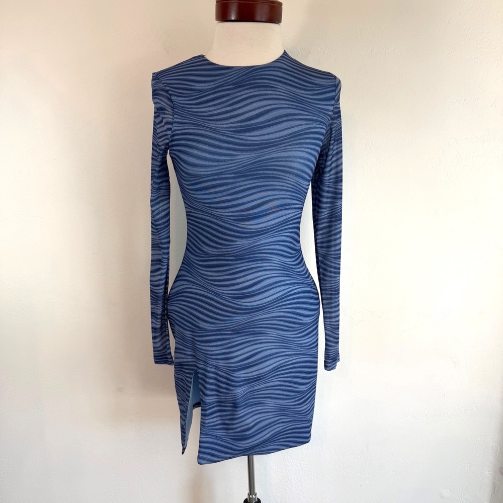 Princess Polly Knox Blue Mesh Mini Dress ‎ Long Sleeve Bodycon Party Y2K Size 4